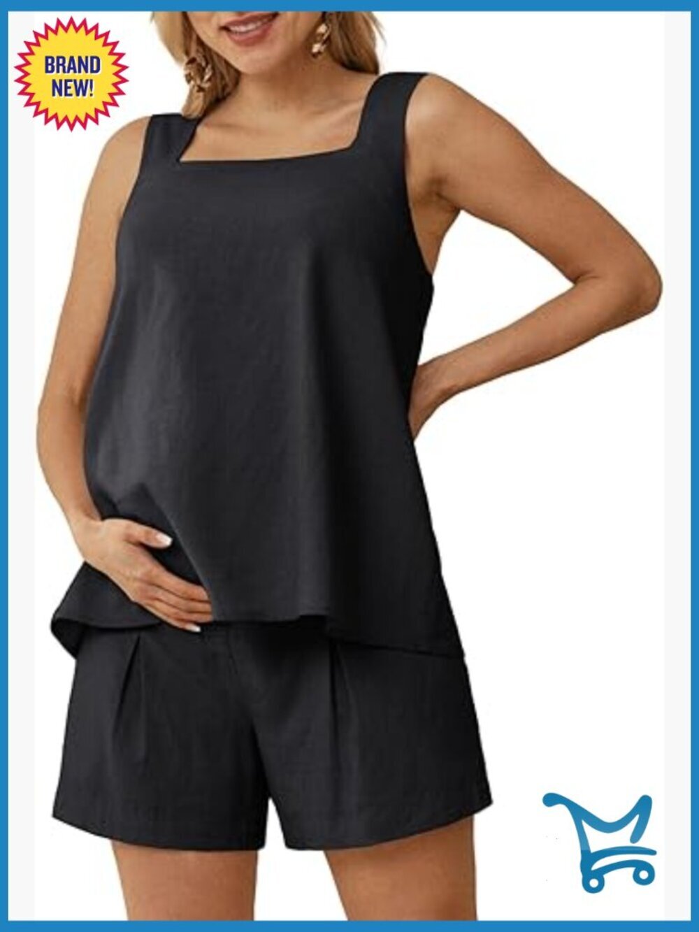 Linen Maternity Short Sets 2 Piece Tank Tops Wide Leg Shorts with Pockets